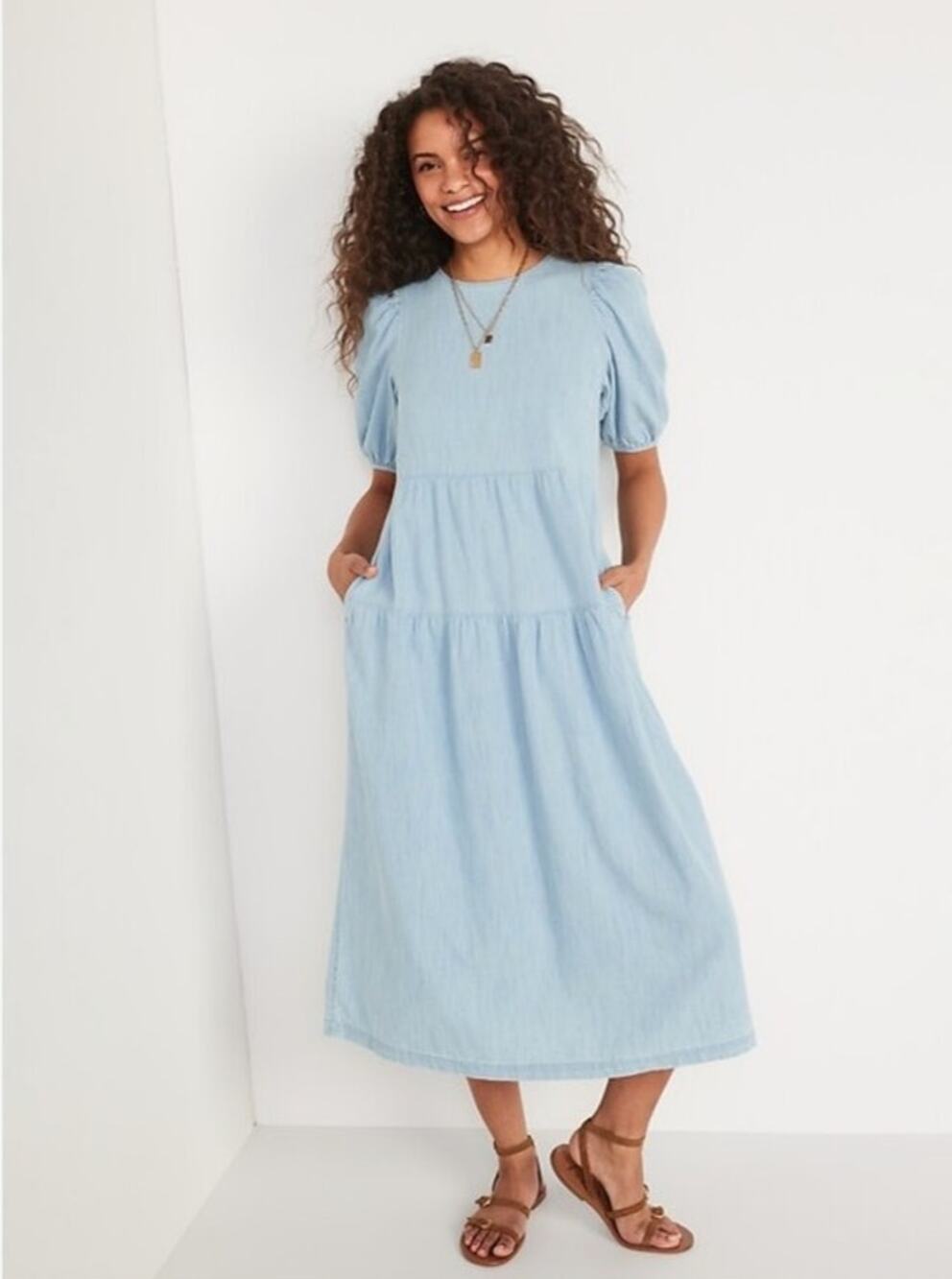 Old Navy Chambray Midi Dress Puff Sleeve Pockets Cottagecore Small